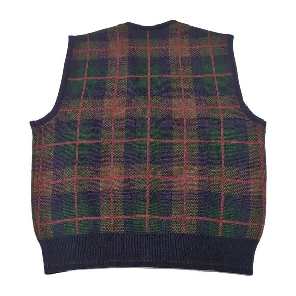 The Italian Sweater Co Button Front Vest Mens L Wool Blend Navy Green Plaid Knit - Picture 3 of 10